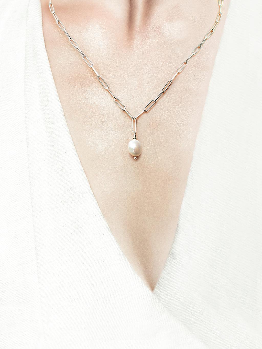 Aqua Beach - Sterling Silver Paper Clip Necklace with Freshwater Pearl