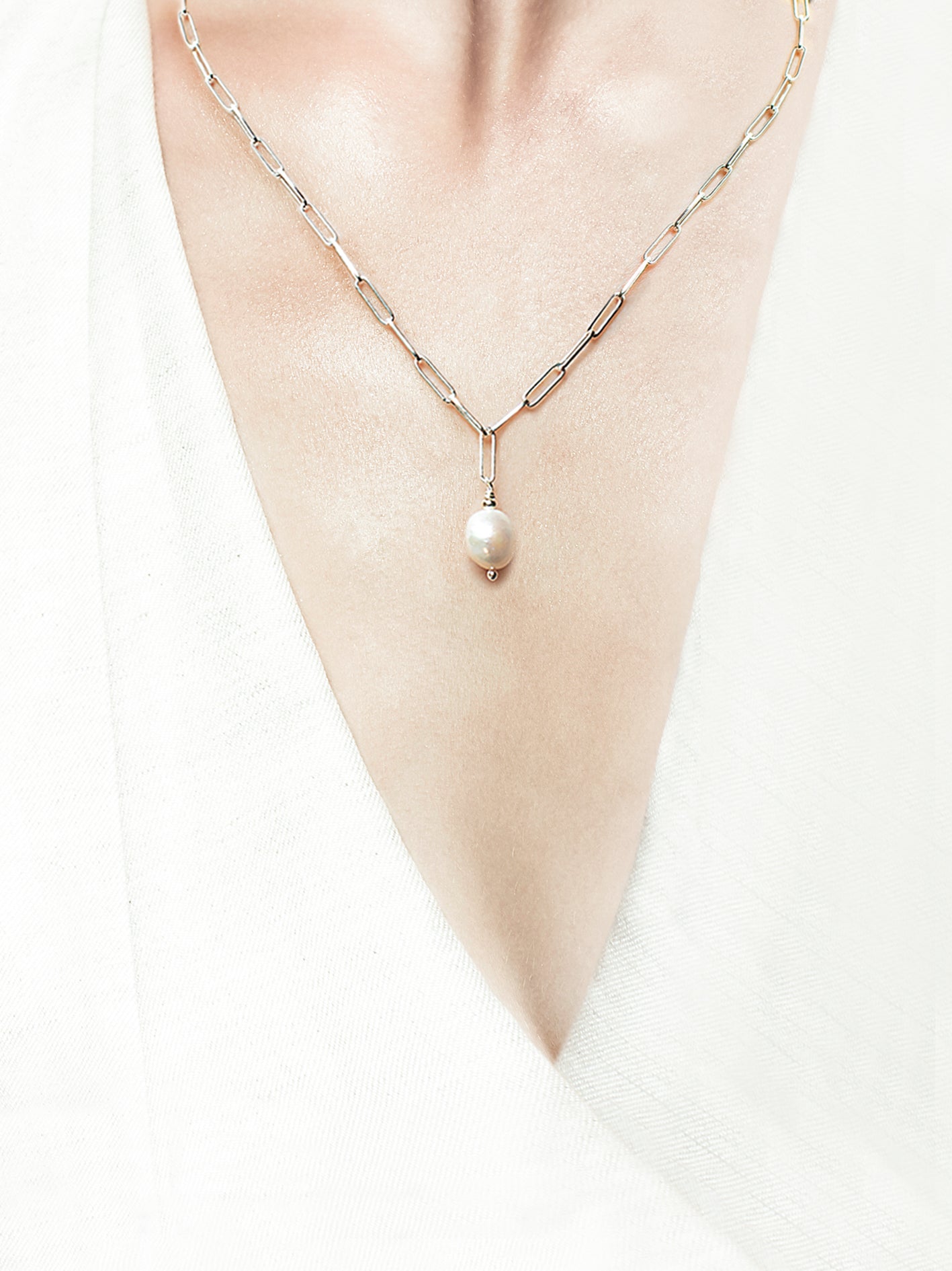 Aqua Beach - Sterling Silver Paper Clip Necklace with Freshwater Pearl