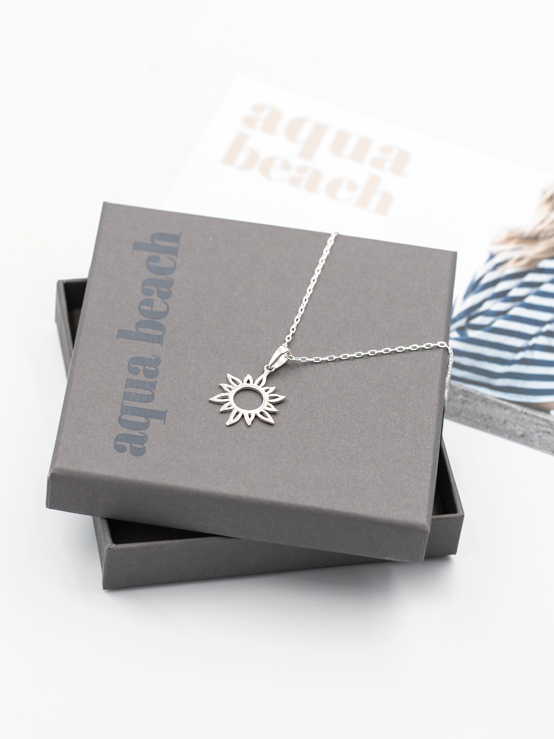 Aqua Beach - Sterling Silver Sun Ray Pendant Necklace