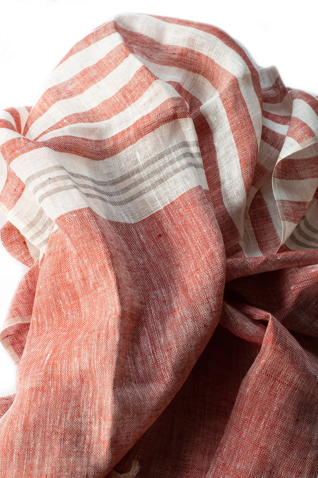 Hand Loomed Linen Scarf Coral Red Stripes