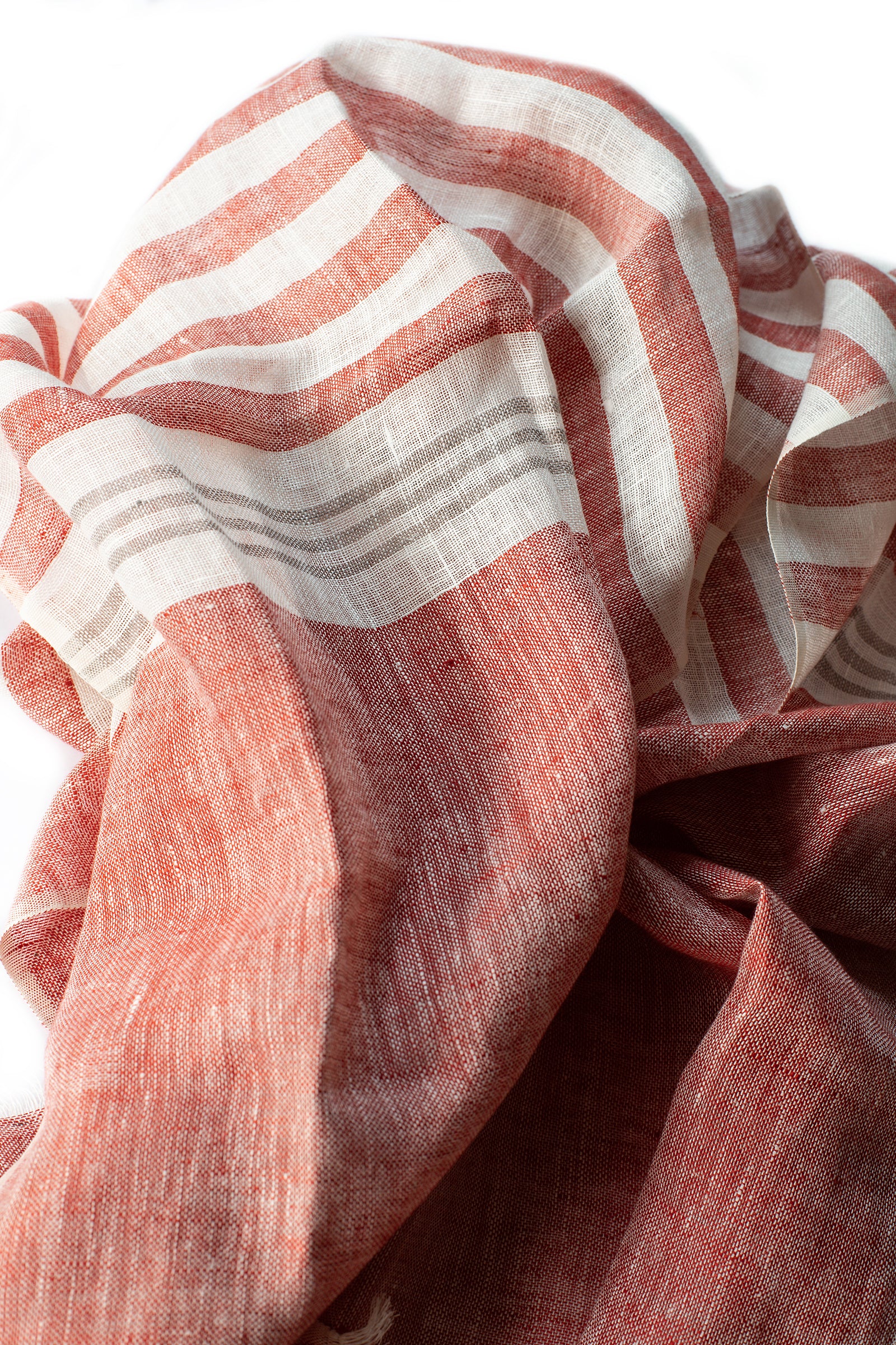 Hand Loomed Linen Scarf Coral Red Stripes