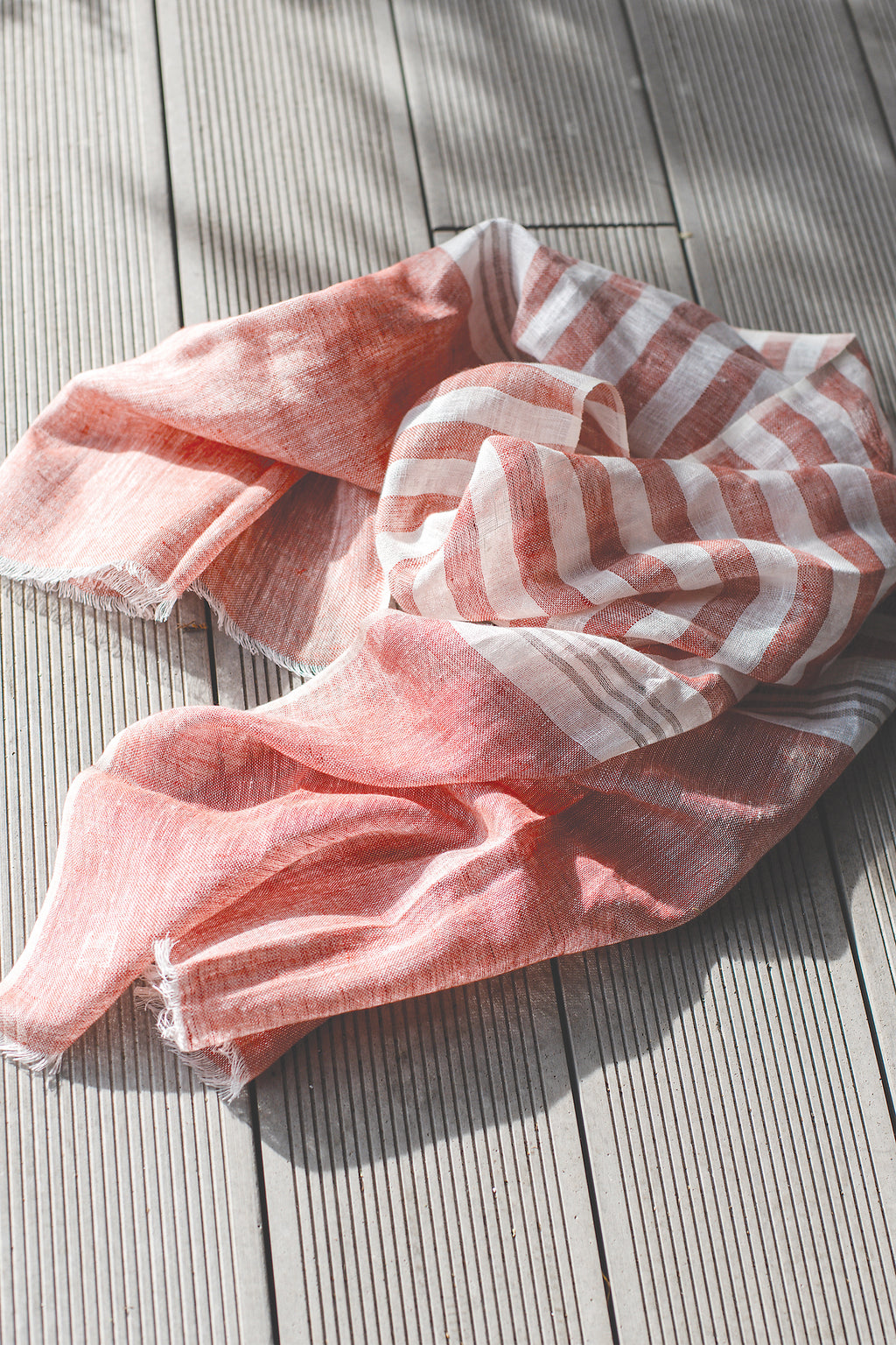 Hand Loomed Linen Scarf Coral Red Stripes