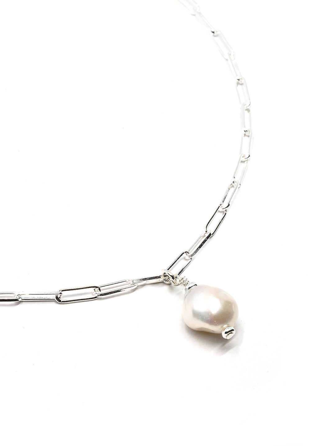 Aqua Beach - Sterling Silver Paper Clip Necklace with Freshwater Pearl