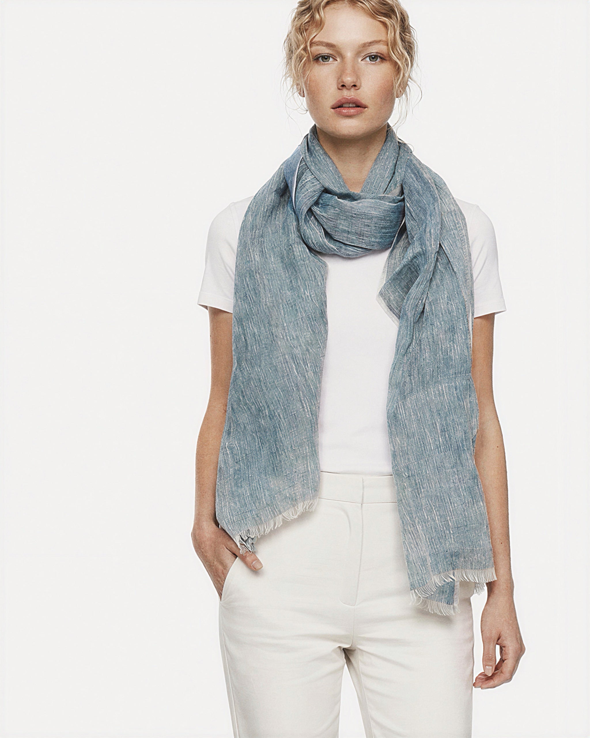 Hand Loomed Linen Scarf Sea Blue