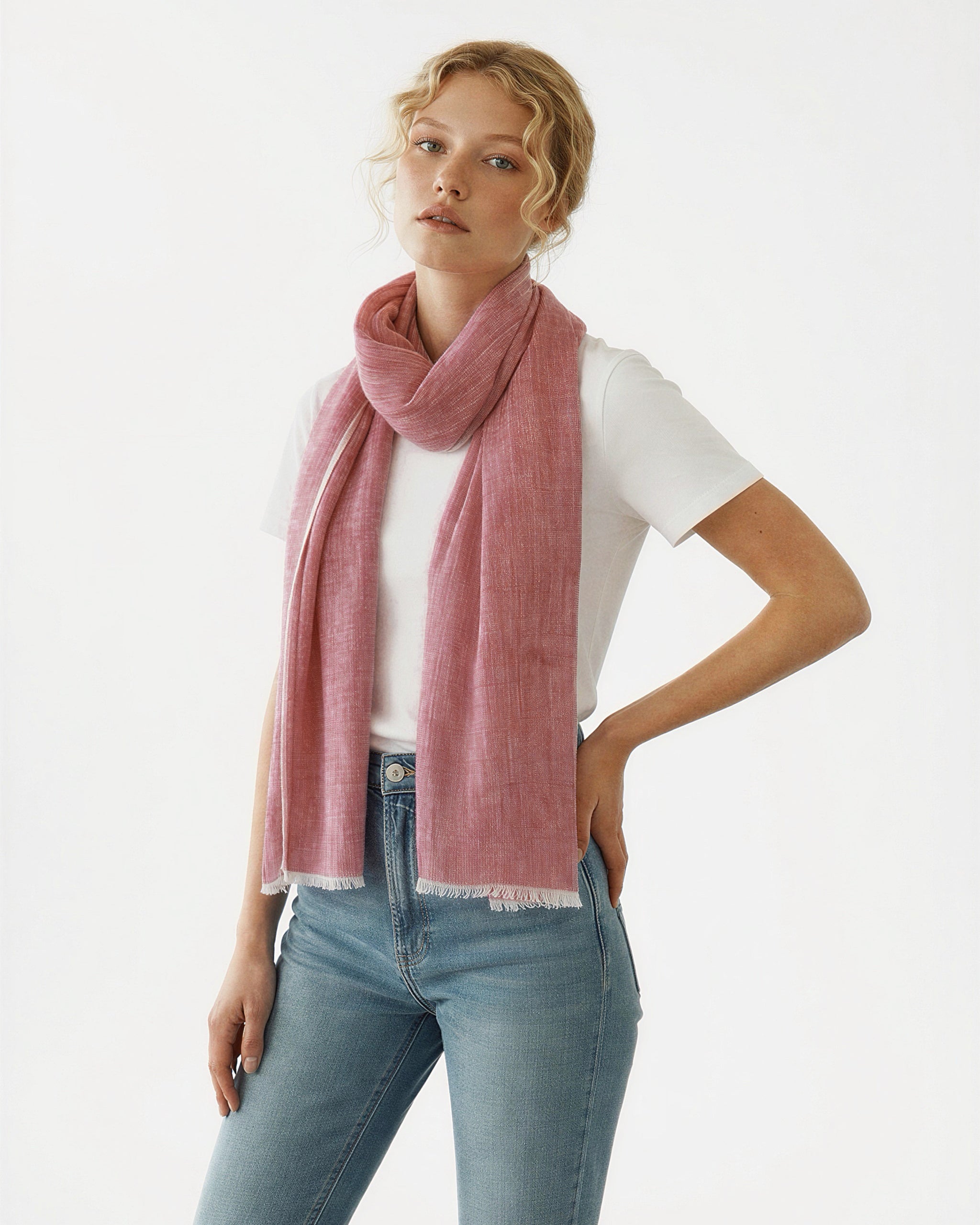 Hand Loomed Linen Scarf Coral Red