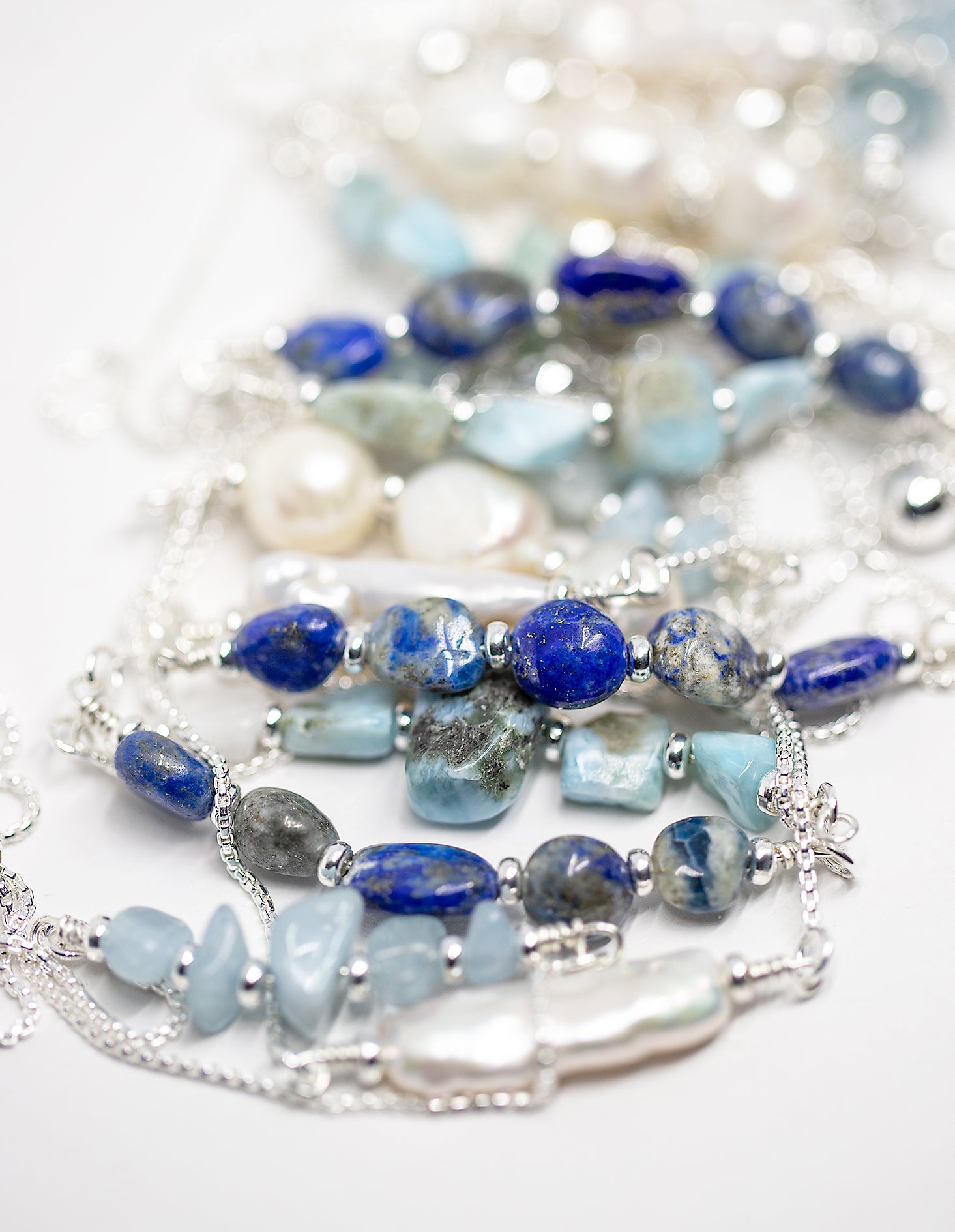 Aqua Beach - Sterling Silver Paper Clip Necklace with Freshwater Pearl