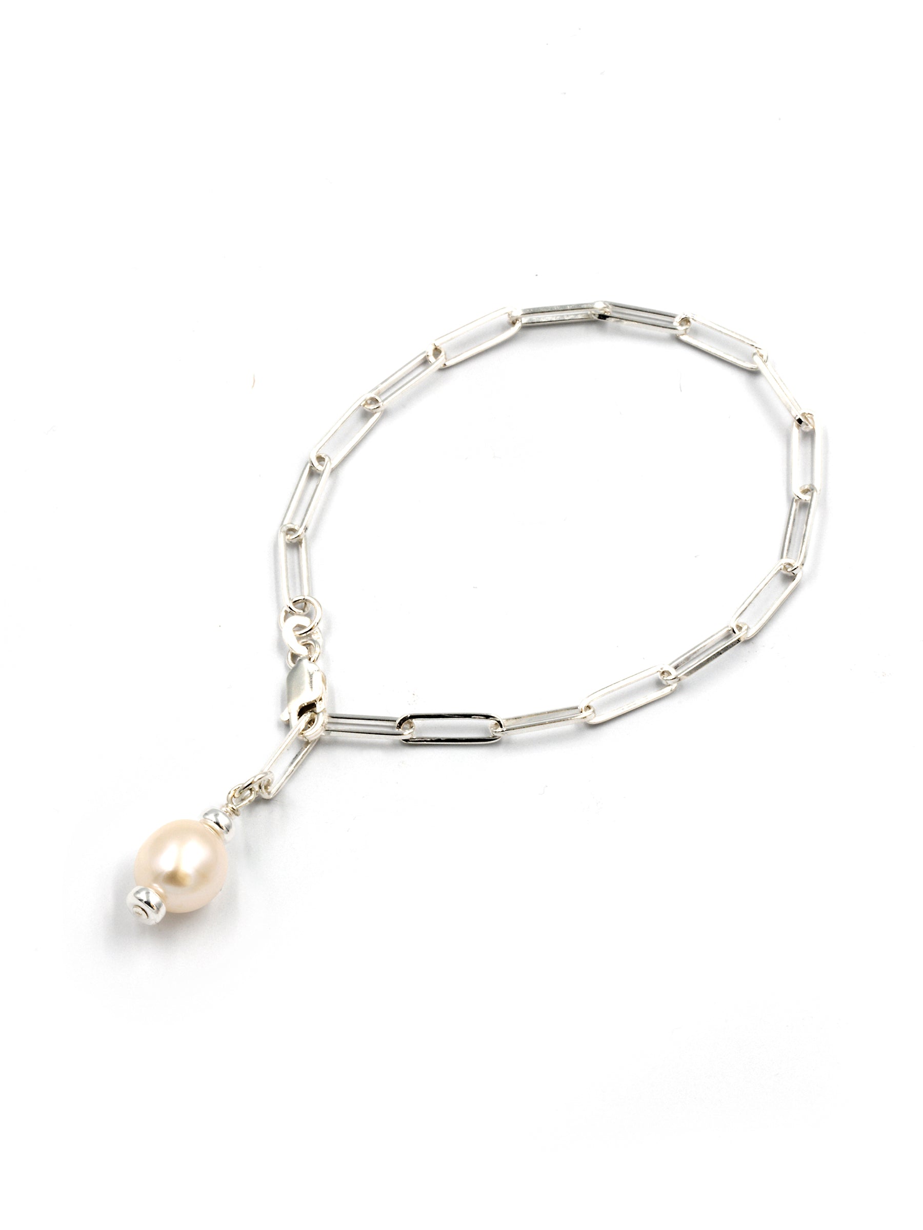 Aqua Beach - Sterling Silver Paper Clip Bracelet with Freshwater Pearl